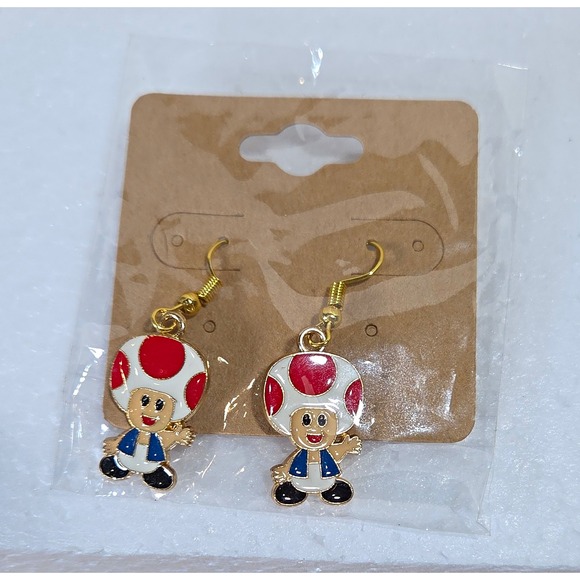 Jewelry - Cartoon Video Game Character Dangle Hook Earrings Enamel Gold Tone Pair